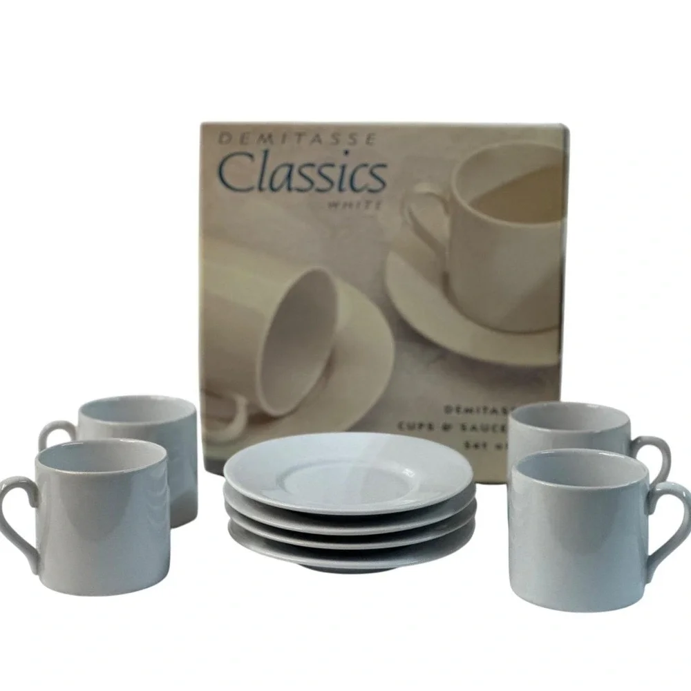 VTG Signature Housewares‎ Demitasse Cup & Saucer Set-4 White 2.5-5 Classic Retro